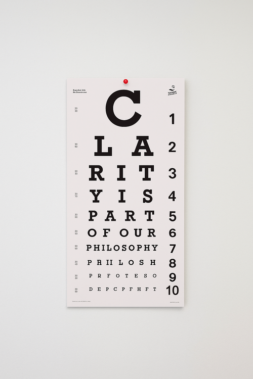 Minimal eye chart visual that reveals “Clarity is part of our philosophy” a coded design manifesto